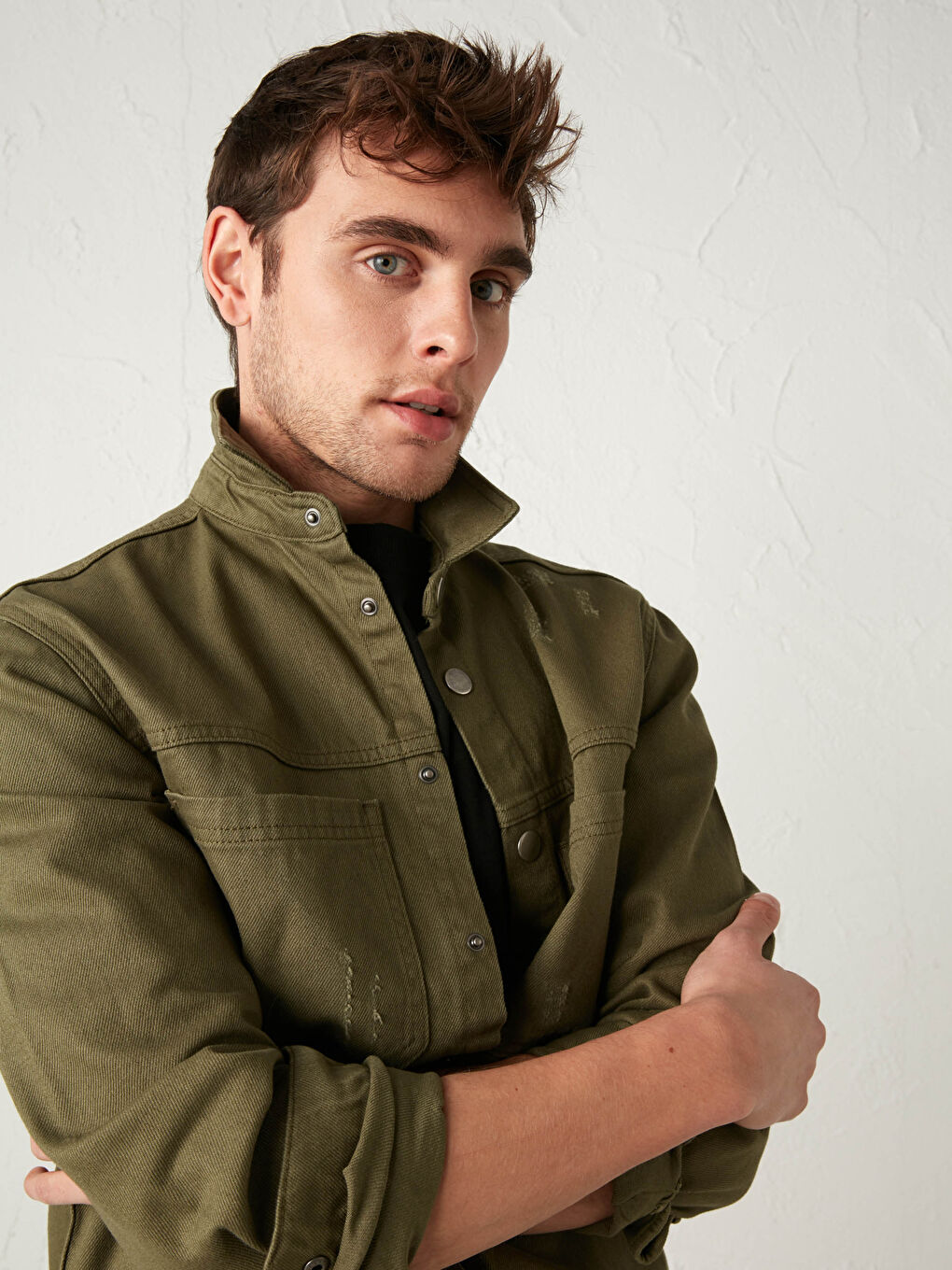 Haki Standart Kalıp Jean Ceket-3