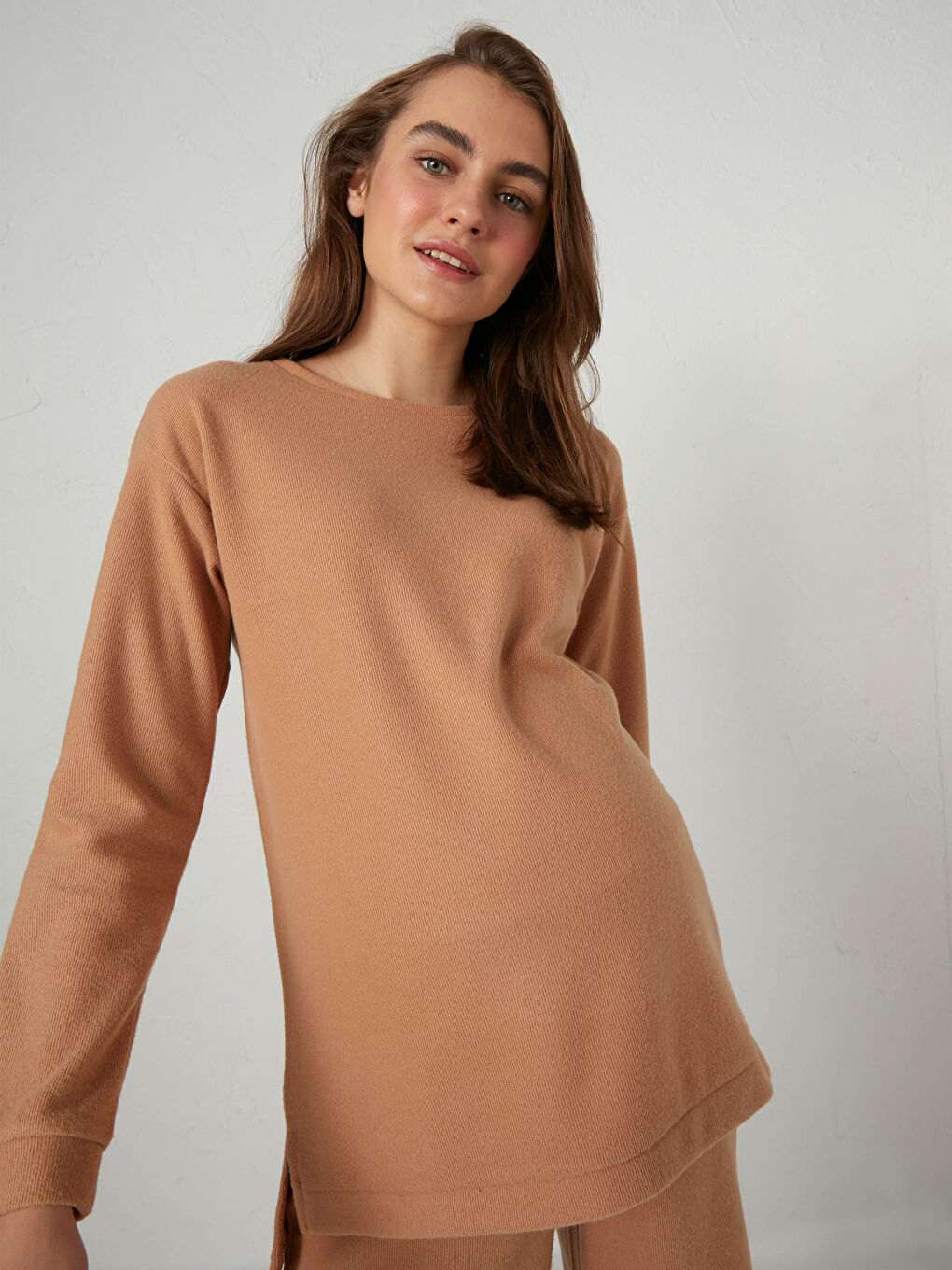 Kahverengi Düz Viskon Hamile Tunik-1