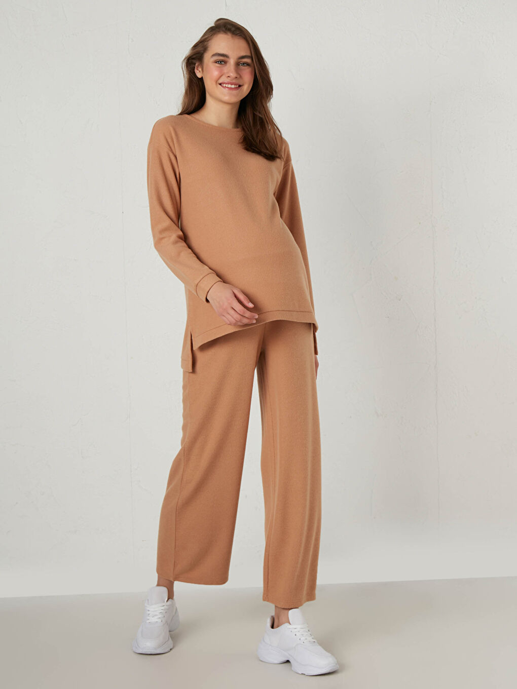 Kahverengi Düz Viskon Hamile Tunik-2