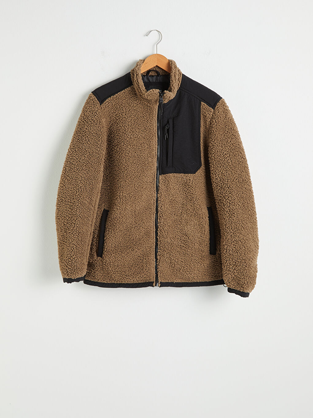 Kahverengi Standart Kalıp Dik Yaka Pelüş Mont-5