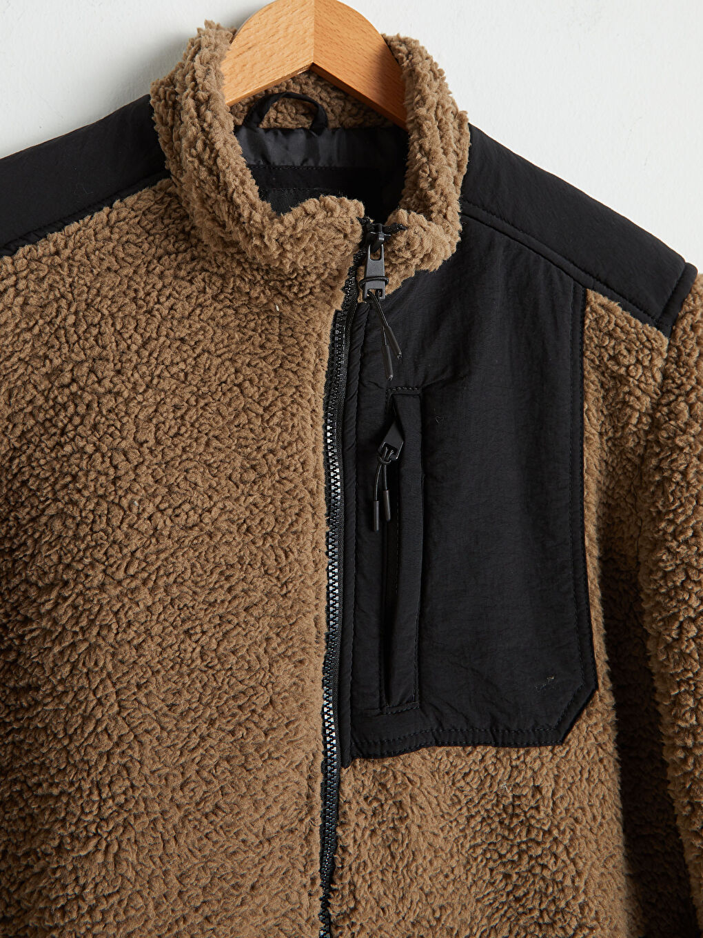 Kahverengi Standart Kalıp Dik Yaka Pelüş Mont-7