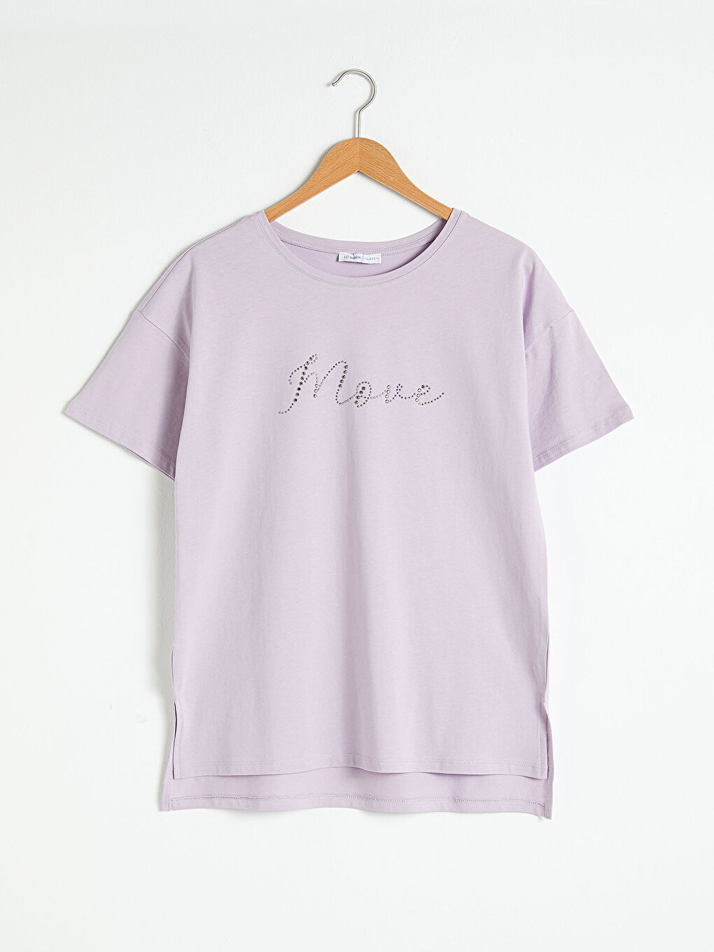Lila Nakışlı Kısa Kollu Bisiklet Yaka Tişört-4