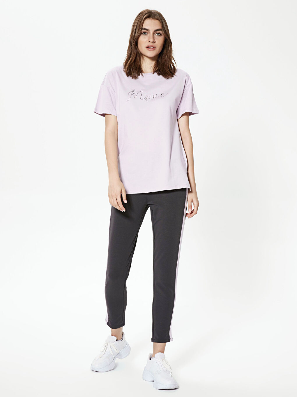 Lila Nakışlı Kısa Kollu Bisiklet Yaka Tişört-3