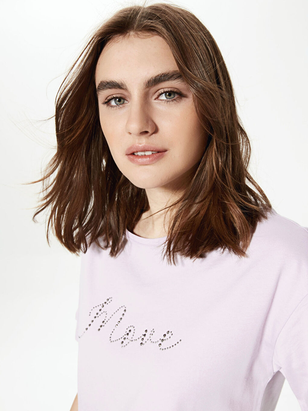 Lila Nakışlı Kısa Kollu Bisiklet Yaka Tişört-2