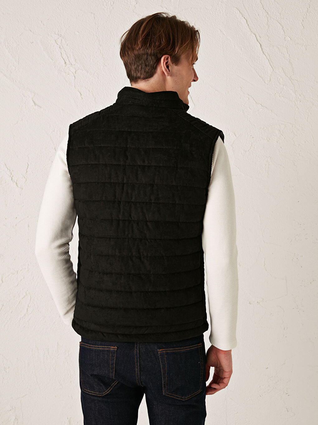 Siyah Slim Fit Dik Yaka Kalın Süet Yelek-4