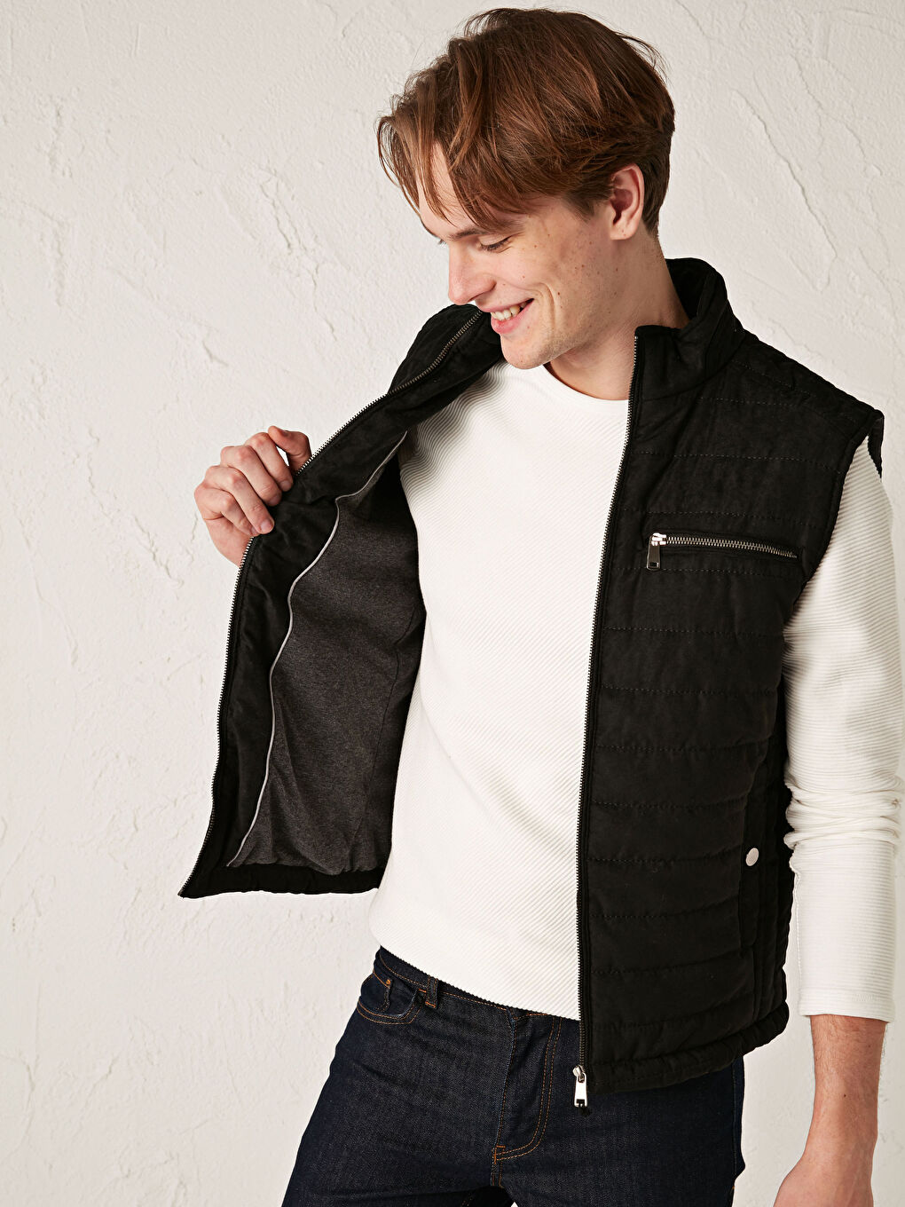 Siyah Slim Fit Dik Yaka Kalın Süet Yelek-1