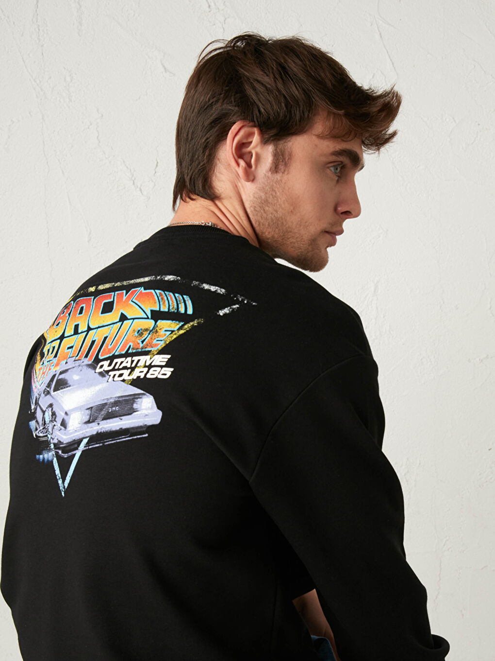 Siyah Geleceğe Dönüş Baskılı Bisiklet Yaka Kalın Sweatshirt-8