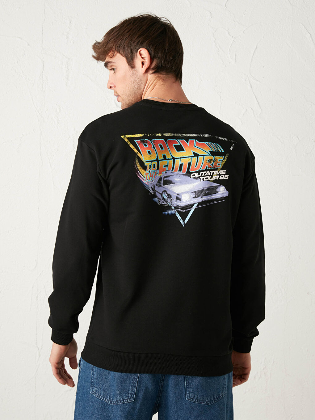 Siyah Geleceğe Dönüş Baskılı Bisiklet Yaka Kalın Sweatshirt-9