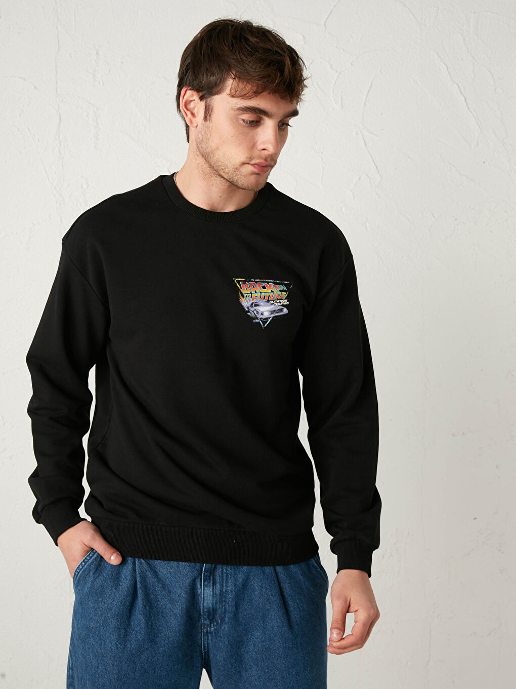 Siyah Geleceğe Dönüş Baskılı Bisiklet Yaka Kalın Sweatshirt