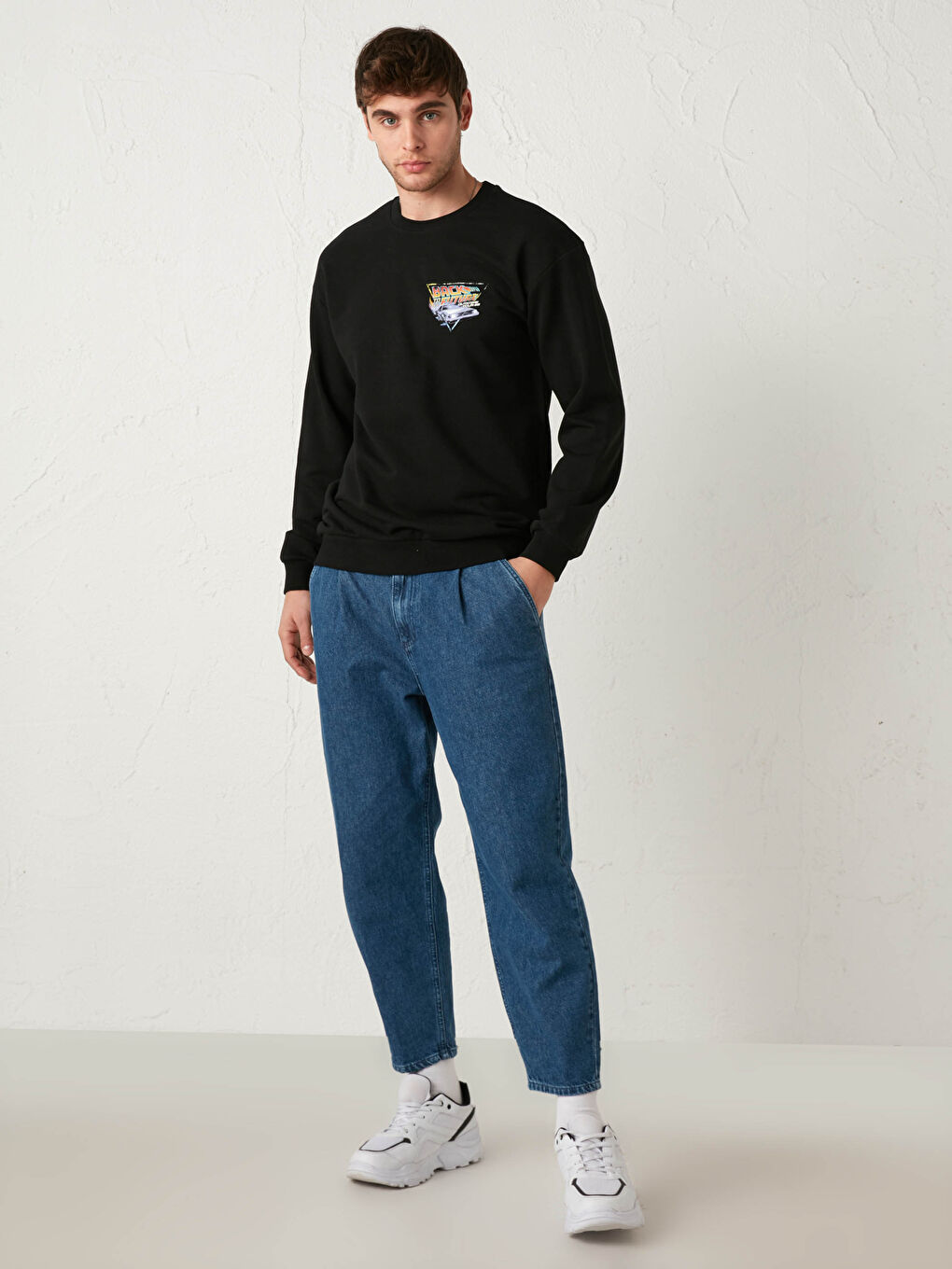 Siyah Geleceğe Dönüş Baskılı Bisiklet Yaka Kalın Sweatshirt-6