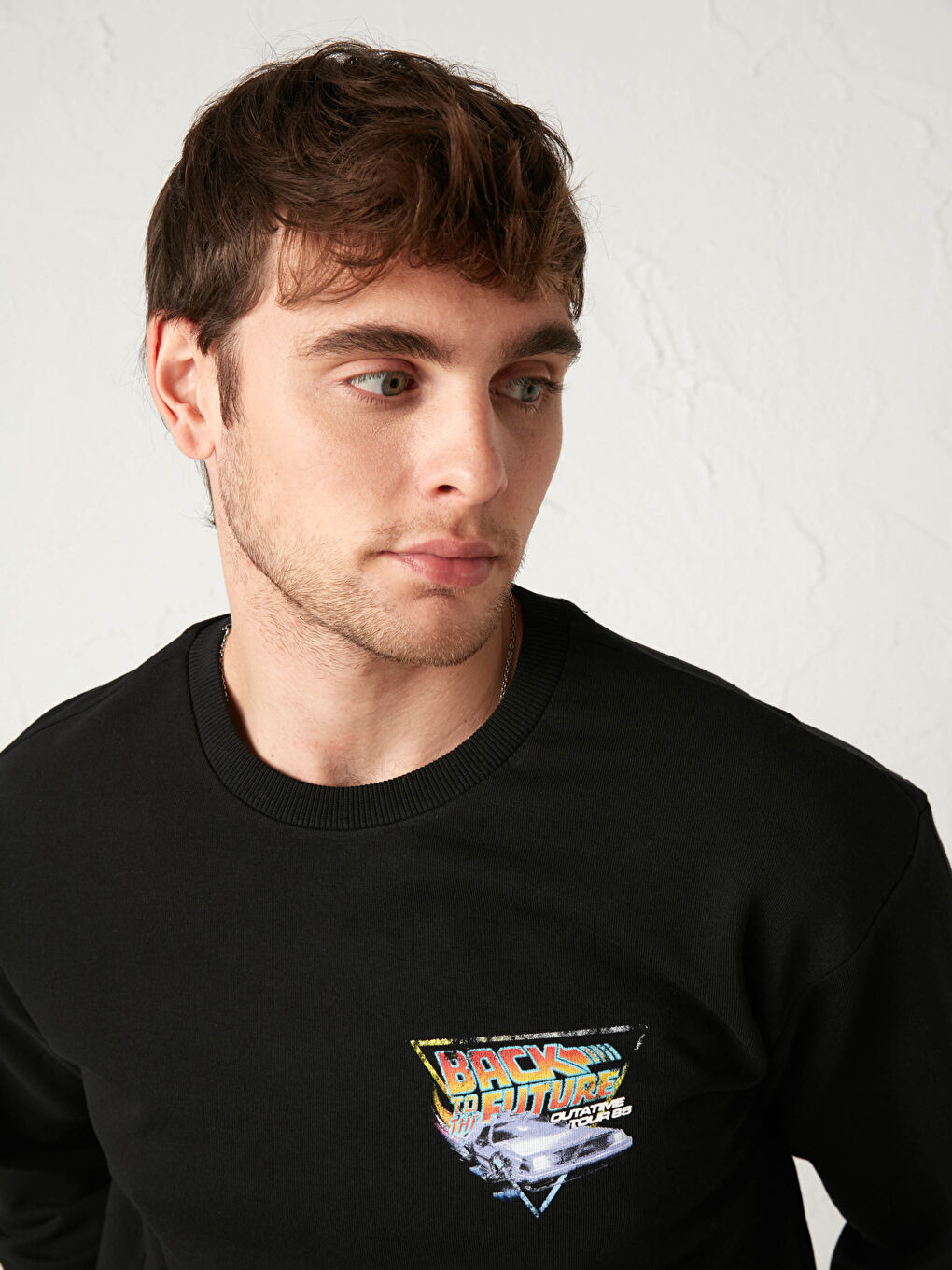 Siyah Geleceğe Dönüş Baskılı Bisiklet Yaka Kalın Sweatshirt-3