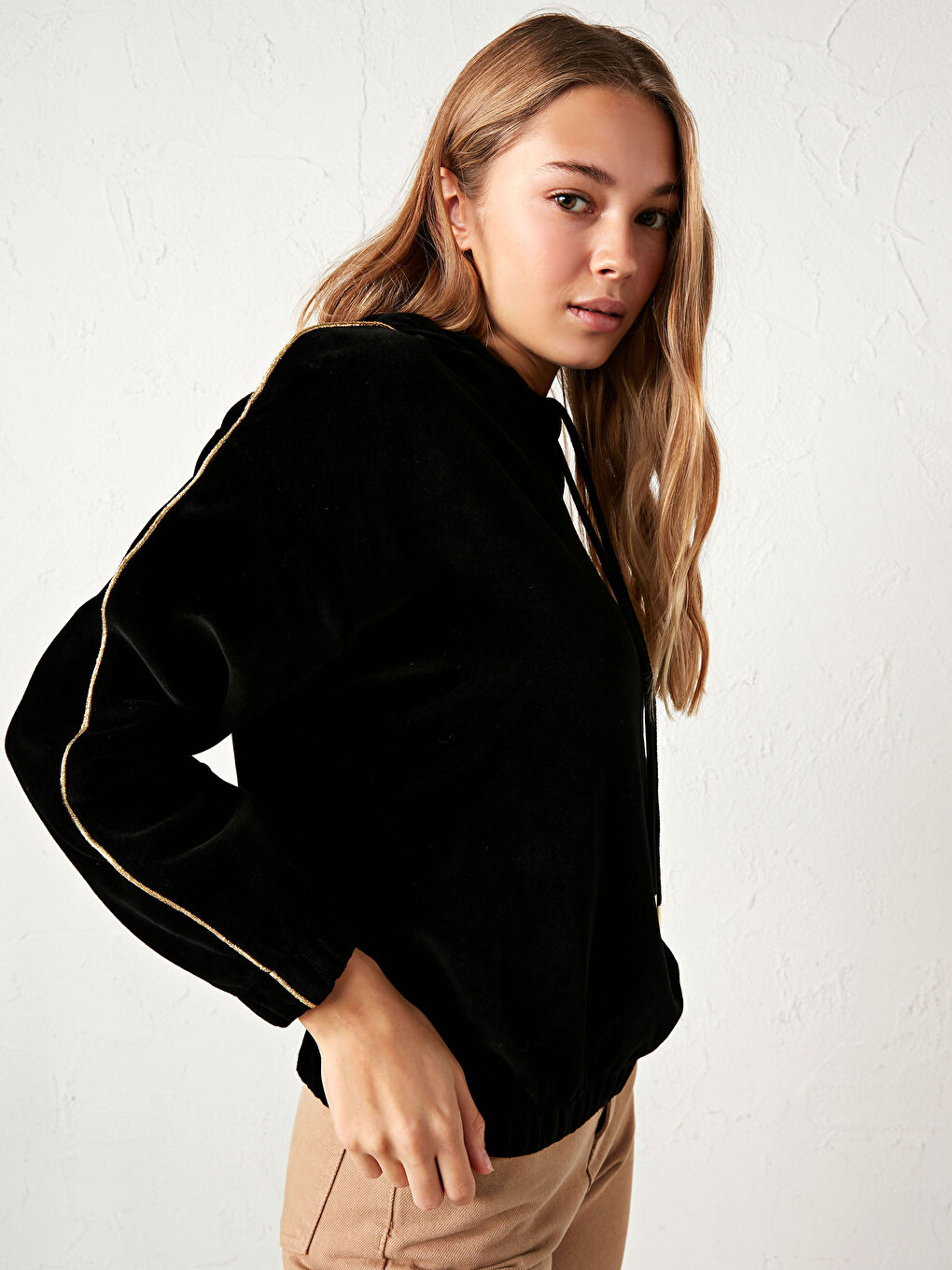 Velvet Stripe Detailed Hooded Sweatshirt-2