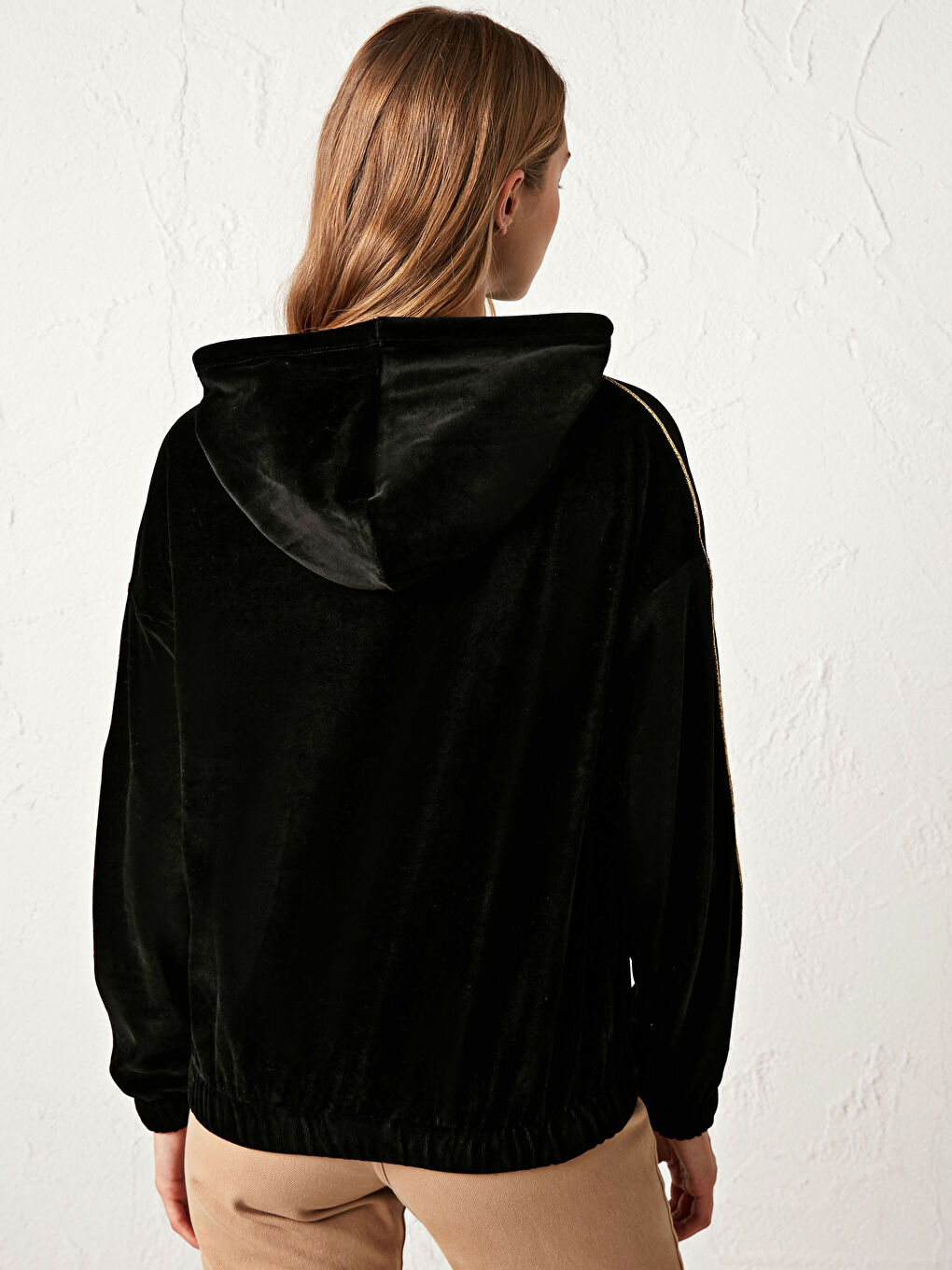 Velvet Stripe Detailed Hooded Sweatshirt-4