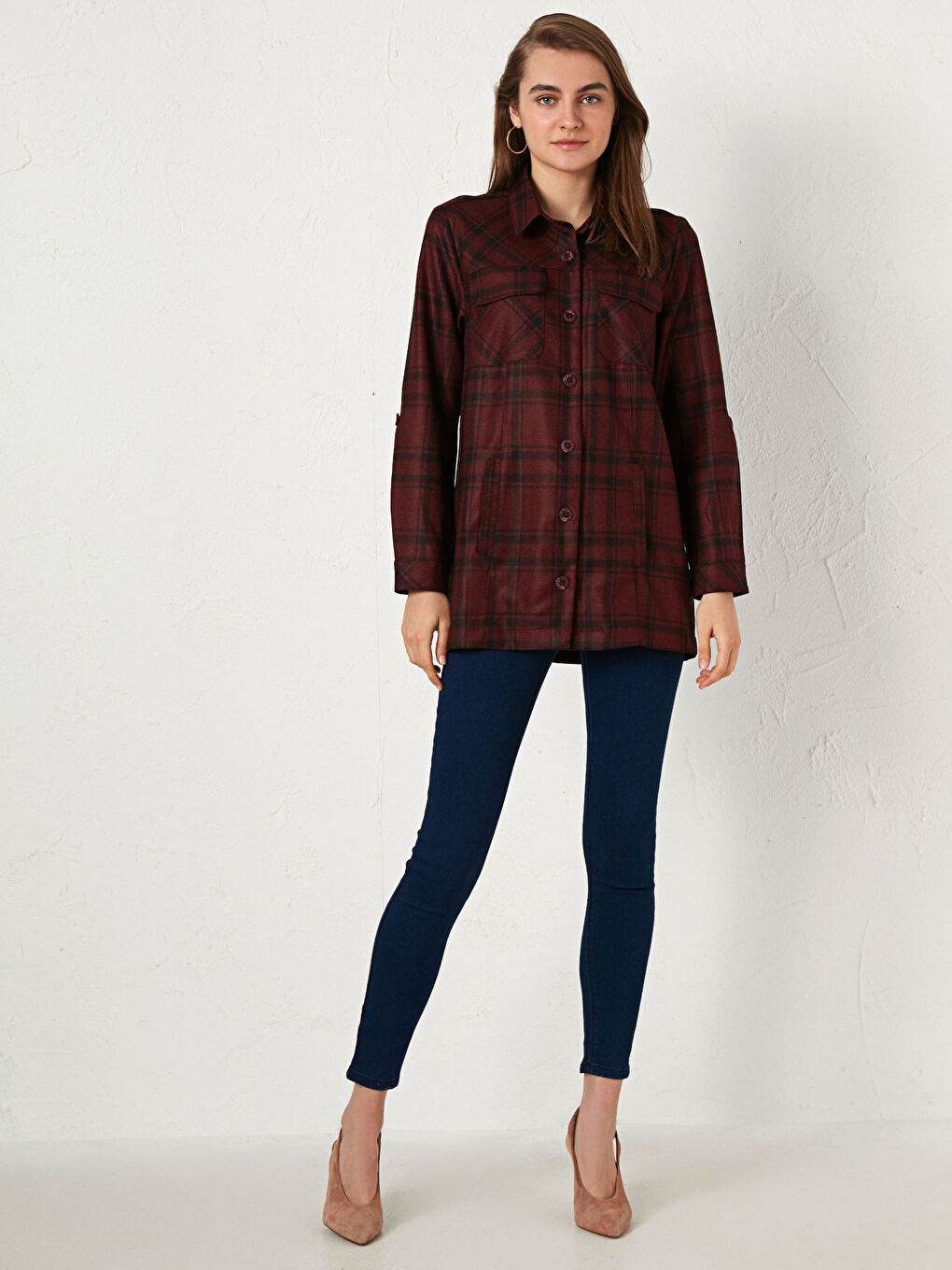 Tunique Chemise à Carreaux Manches Longues en Gabardine pour Femmes-2