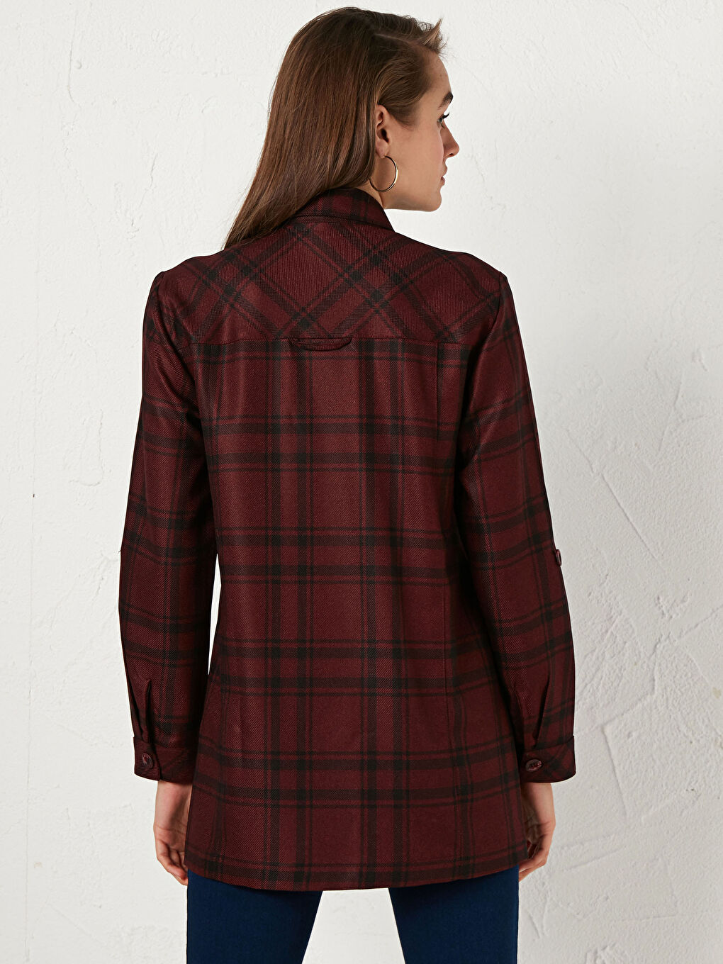 Tunique Chemise à Carreaux Manches Longues en Gabardine pour Femmes-3