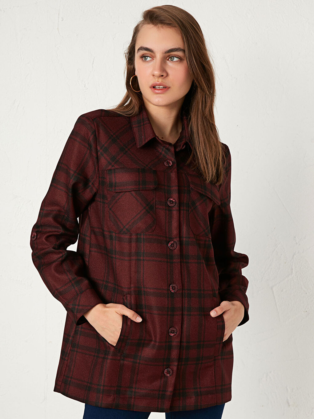 Tunique Chemise à Carreaux Manches Longues en Gabardine pour Femmes-1