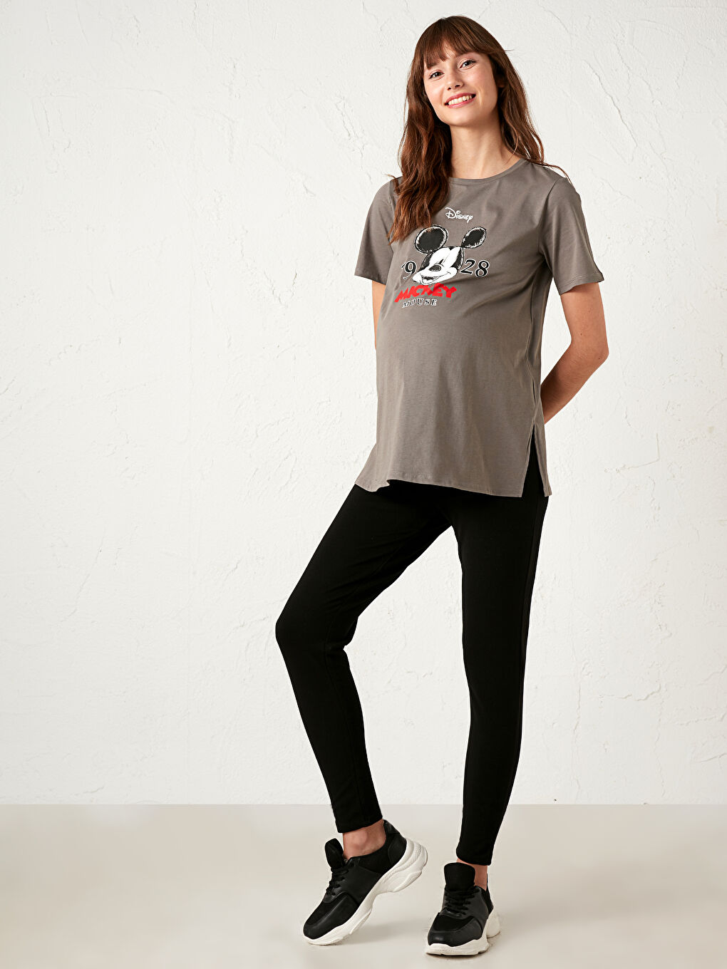 Gri Hamile Pamuklu Mickey Mouse Baskılı Tişört-2