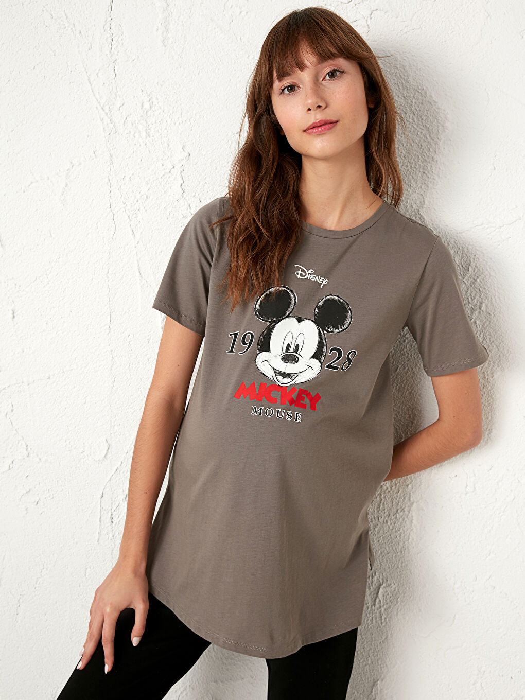 Gri Hamile Pamuklu Mickey Mouse Baskılı Tişört