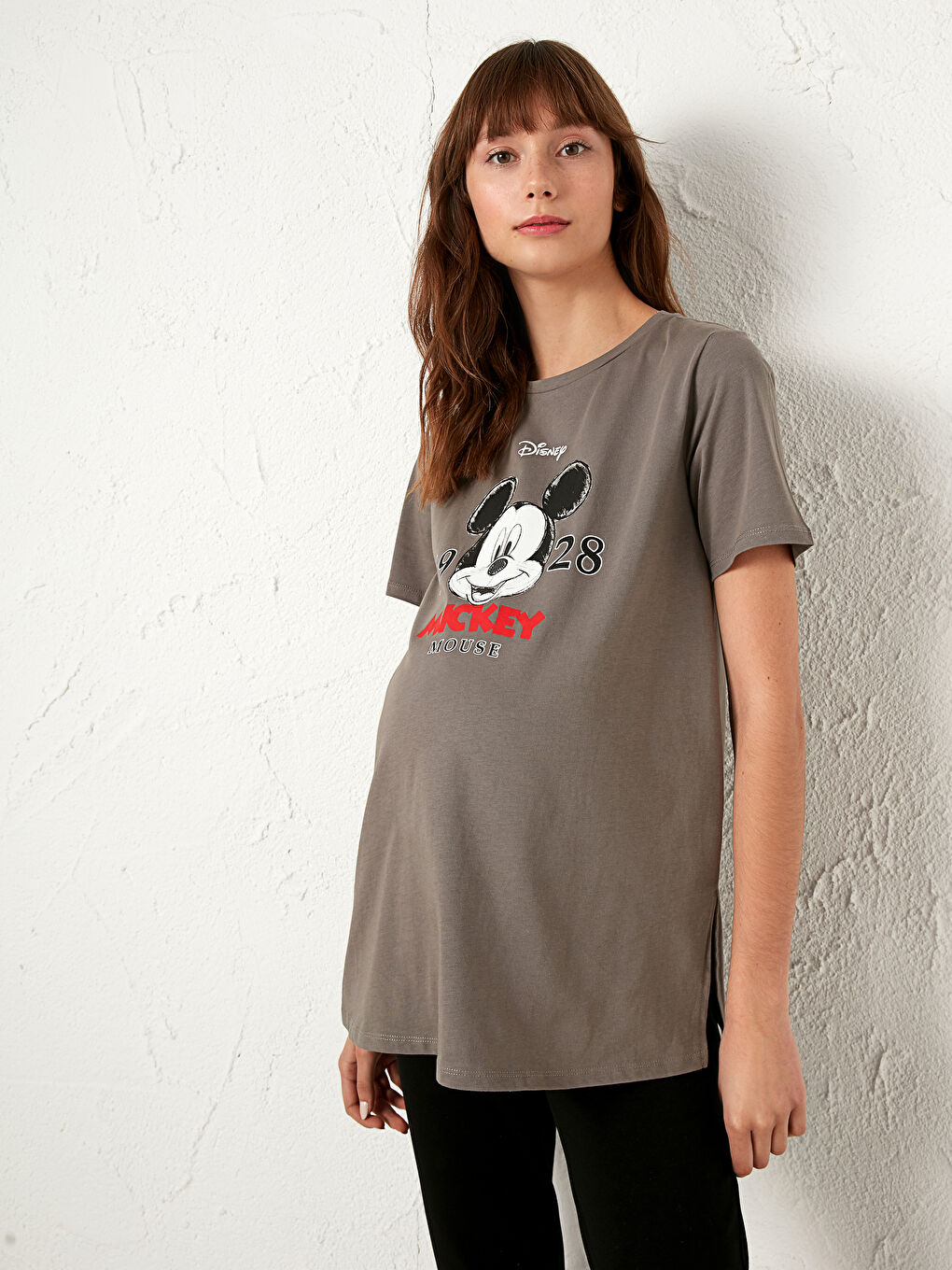 Gri Hamile Pamuklu Mickey Mouse Baskılı Tişört-1