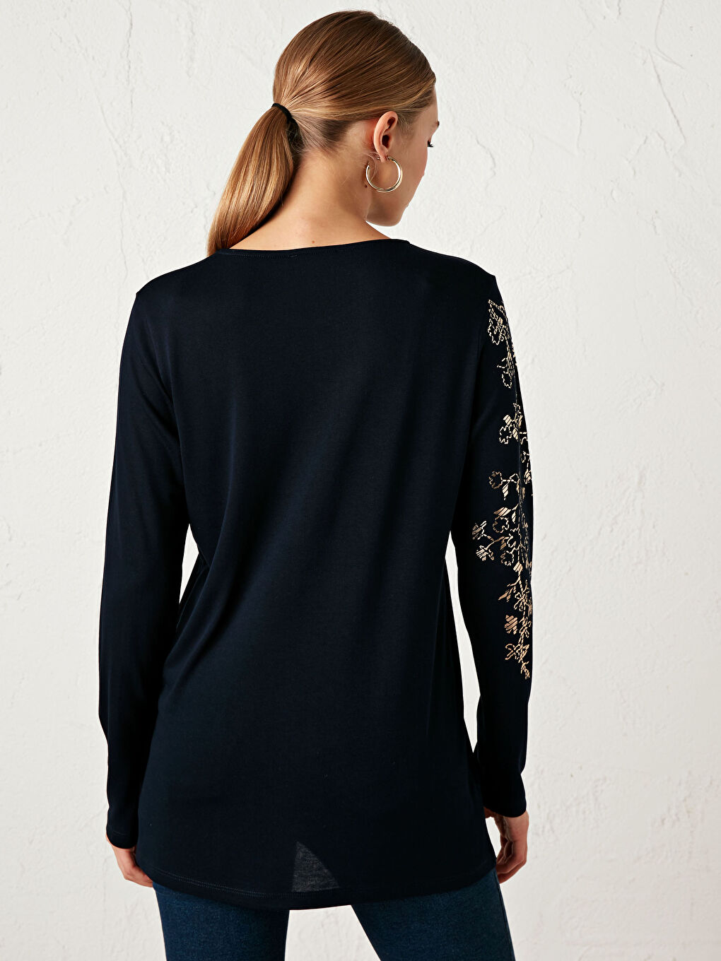 Lacivert Baskılı Viskon Tişört-4