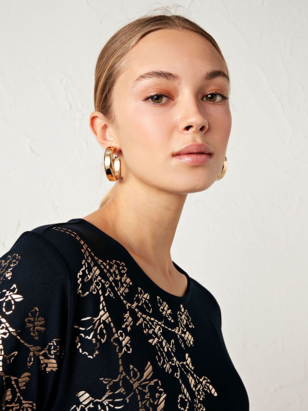 Lacivert Baskılı Viskon Tişört-1