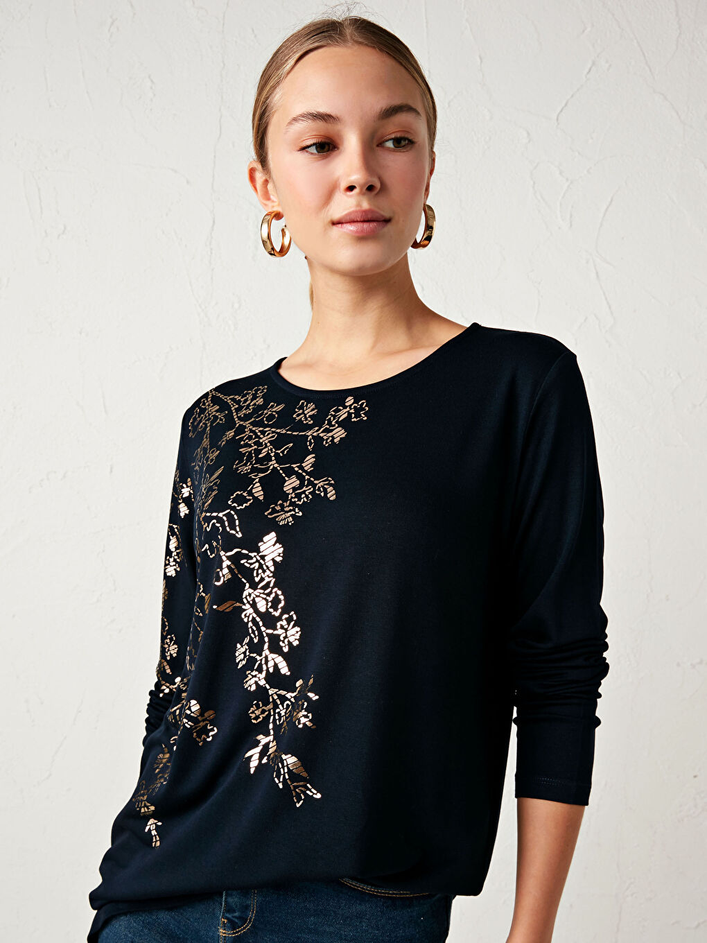 Lacivert Baskılı Viskon Tişört-2