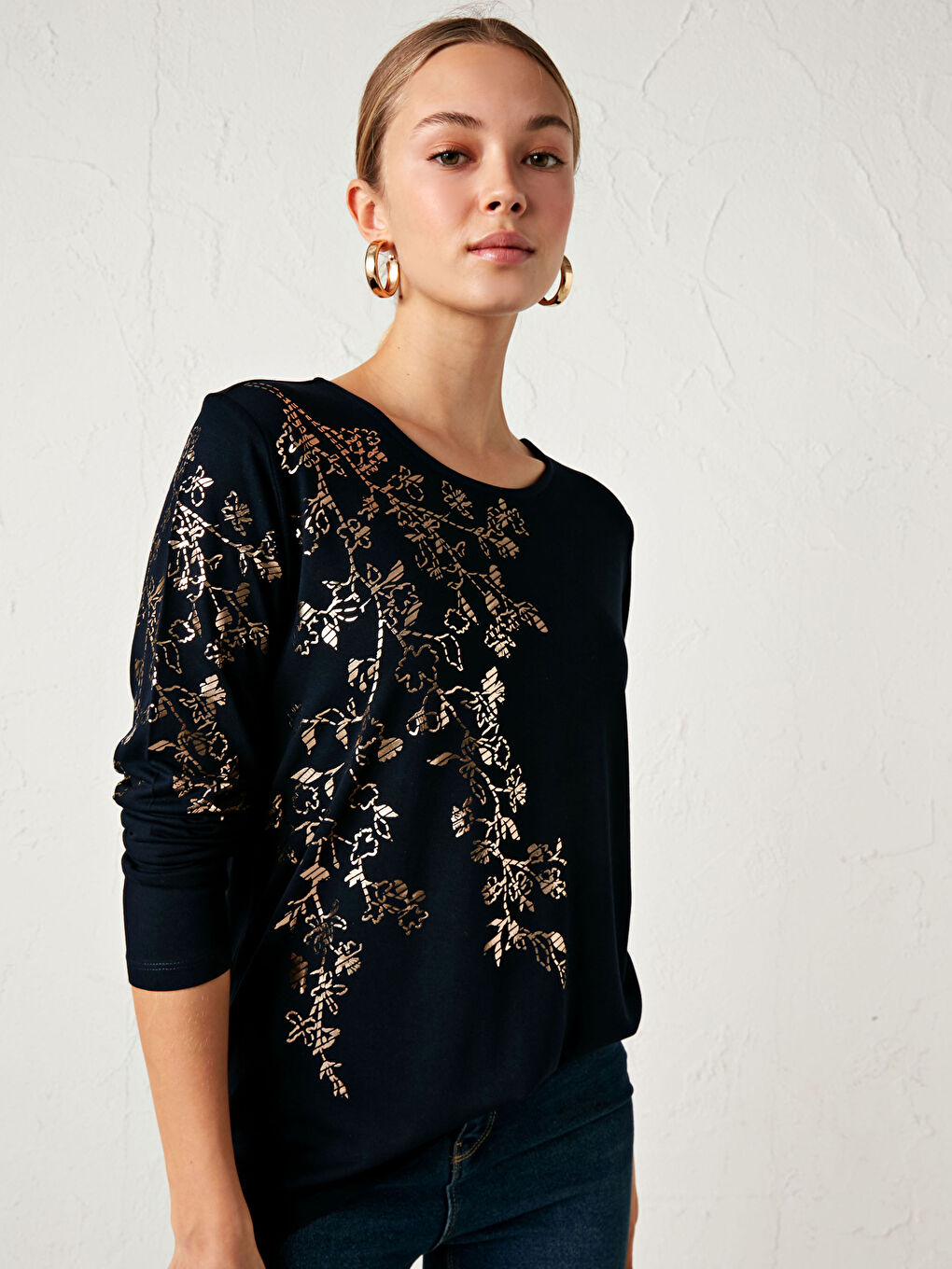 Lacivert Baskılı Viskon Tişört-3