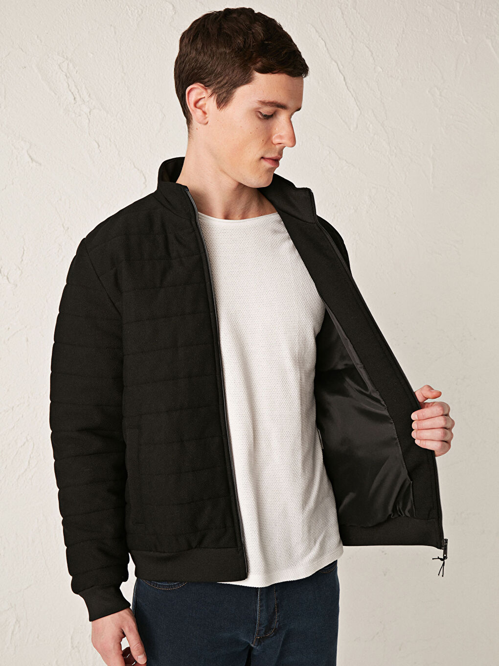 Siyah Slim Fit Kapitone Desenli Erkek Bomber Mont-2