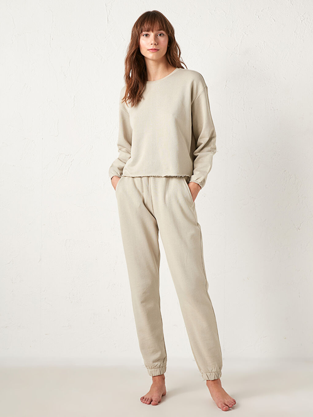 Set de pijama din bumbac cu guler rotund