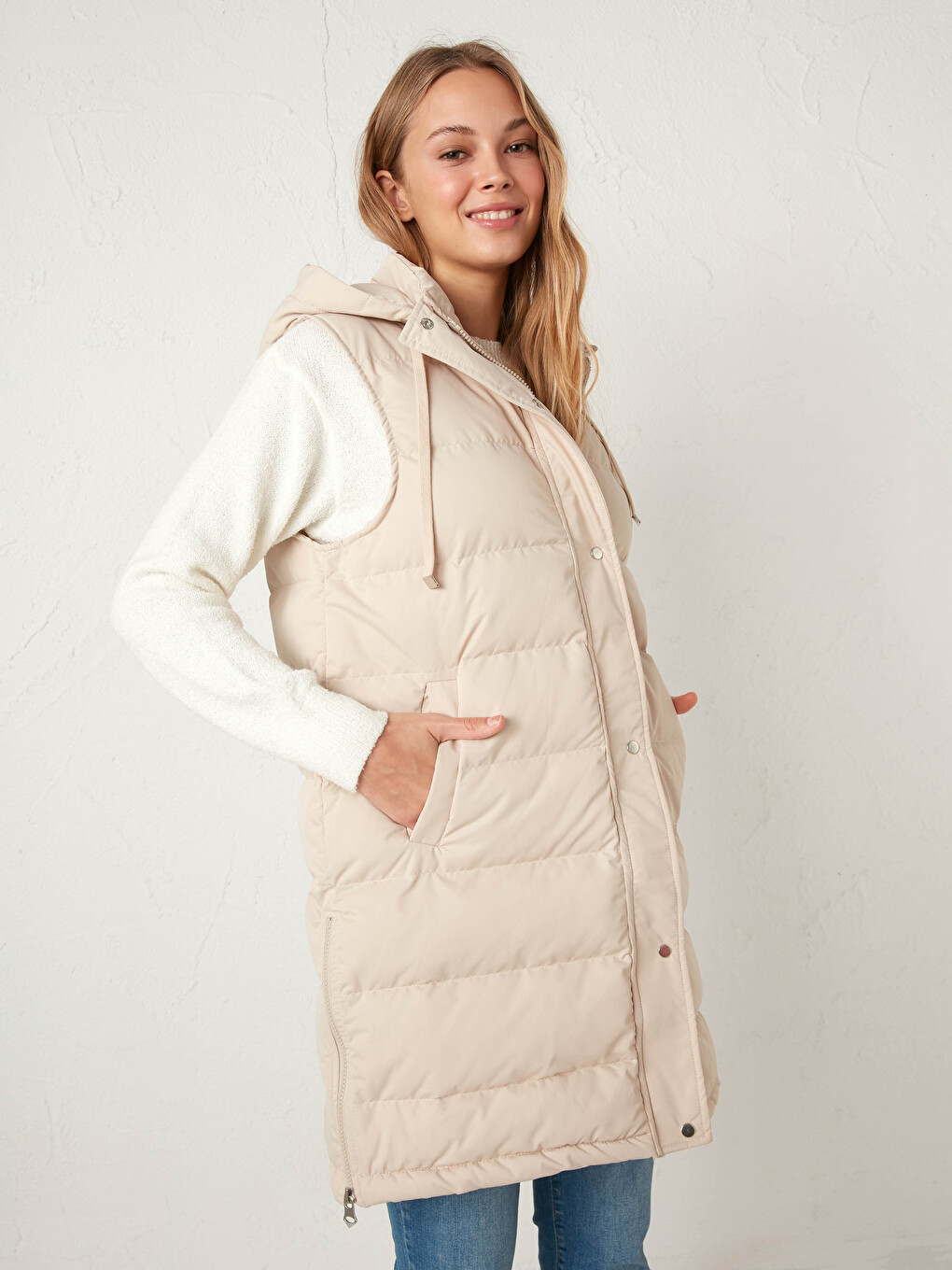 Long Puffer Vest with Hood