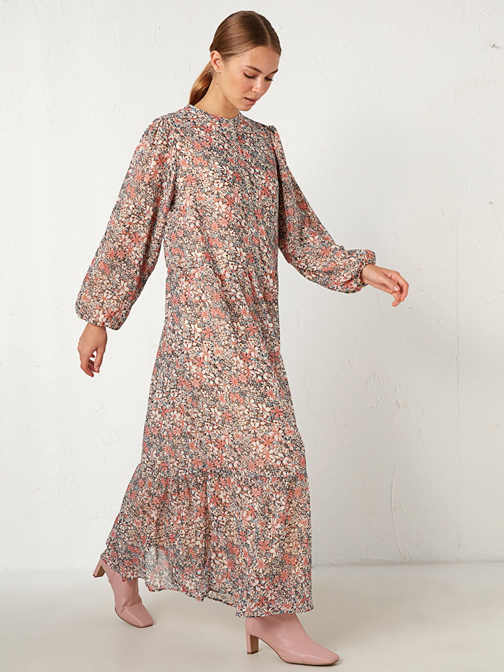 Flounced Sleeves Figured Chiffon Dress