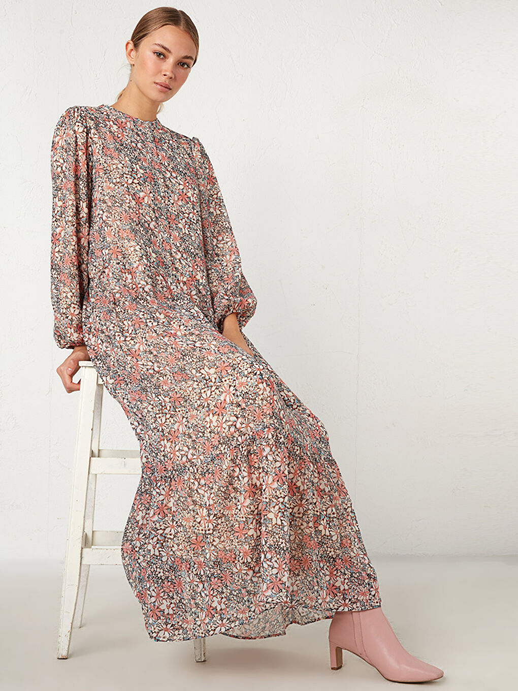 Flounced Sleeves Figured Chiffon Dress-1