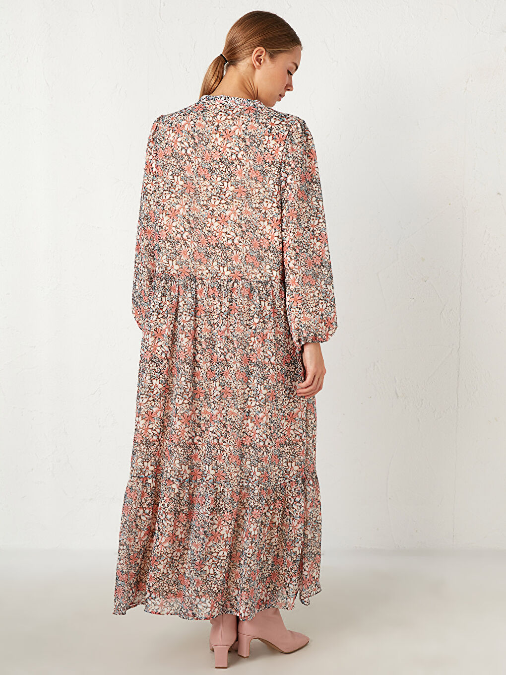 Flounced Sleeves Figured Chiffon Dress-3