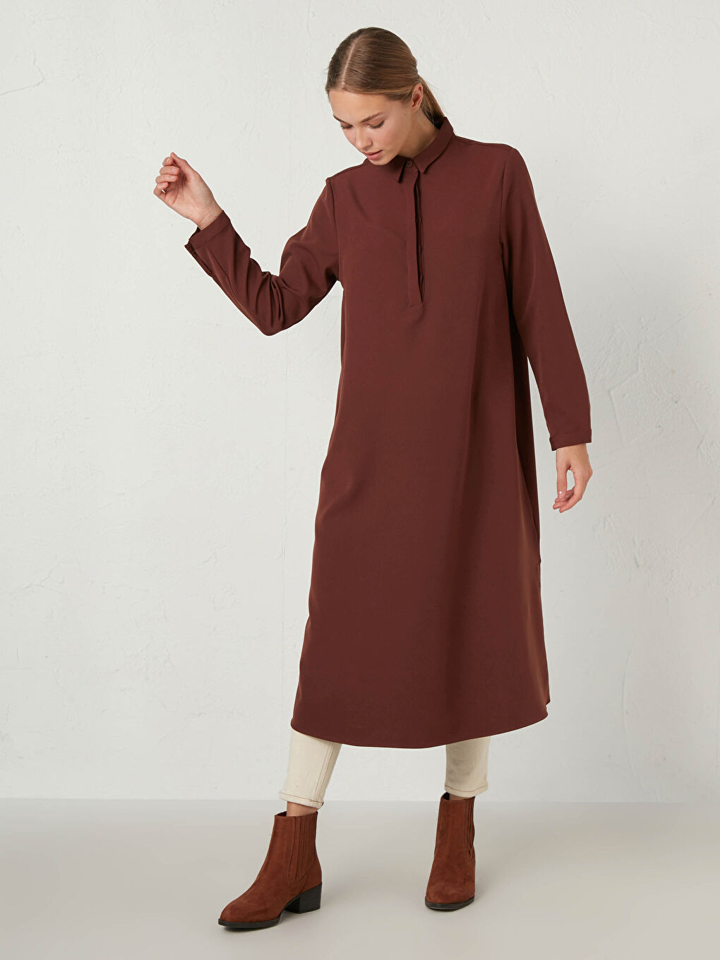 Kahverengi Düz Uzun Kollu Kadın Gömlek Tunik