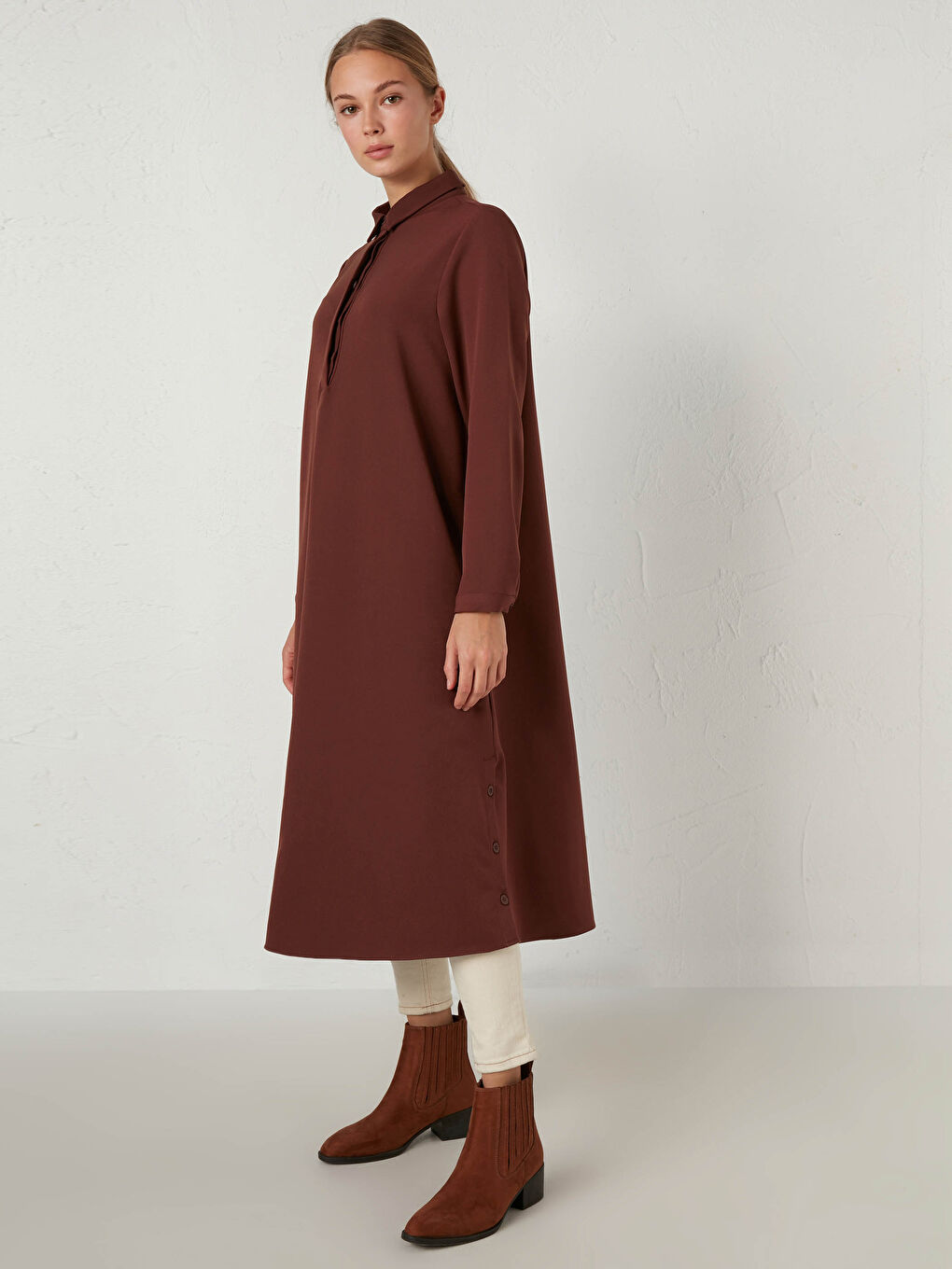 Kahverengi Düz Uzun Kollu Kadın Gömlek Tunik-5