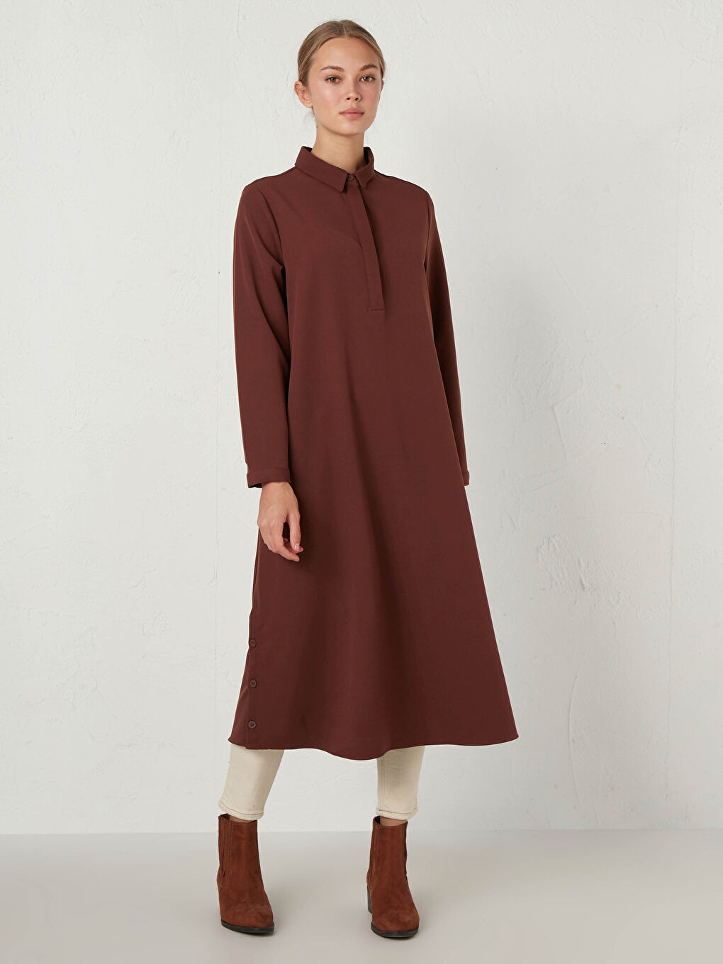 Kahverengi Düz Uzun Kollu Kadın Gömlek Tunik-6