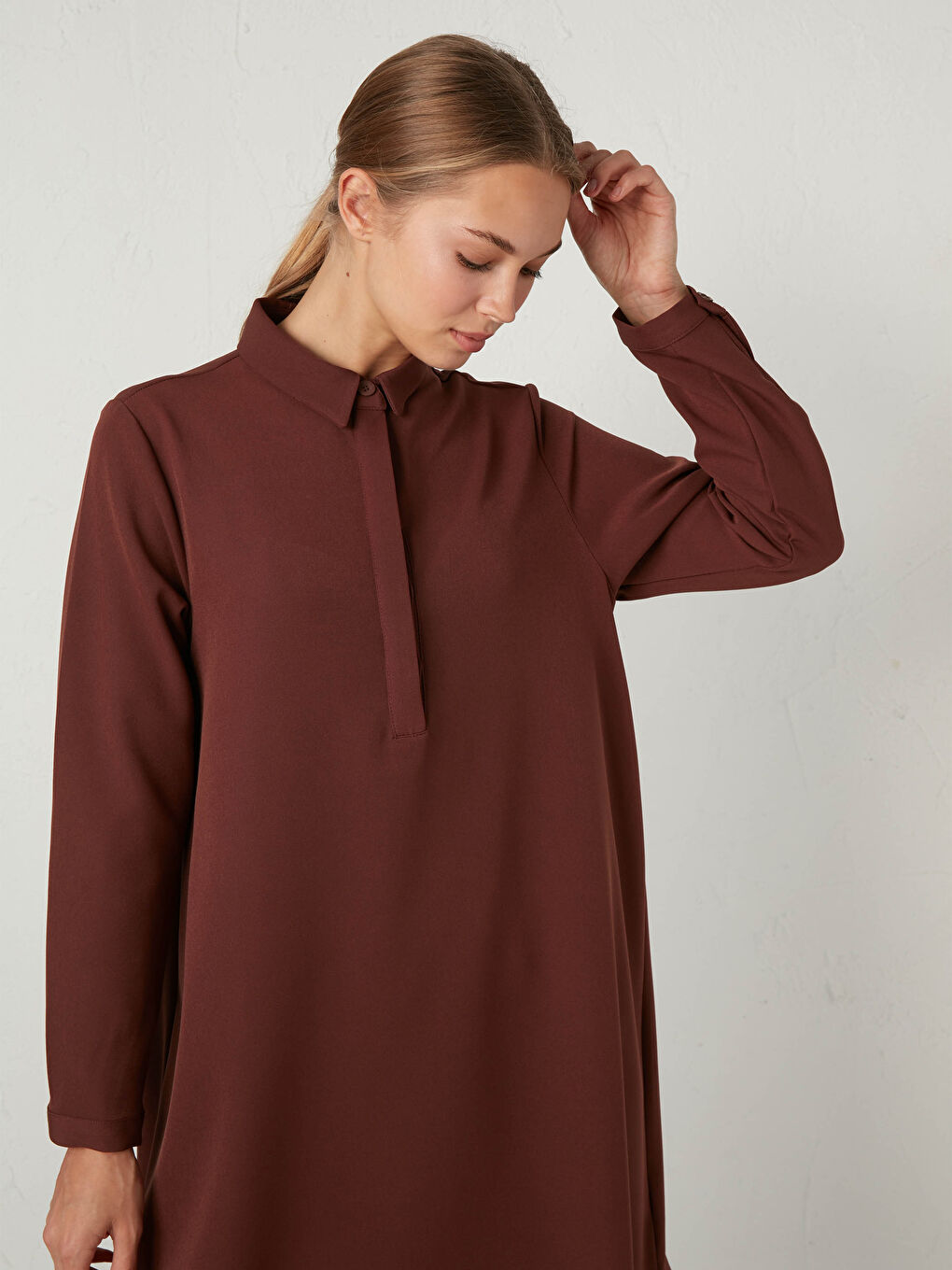 Kahverengi Düz Uzun Kollu Kadın Gömlek Tunik-7