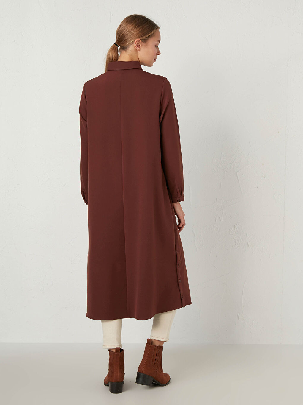 Kahverengi Düz Uzun Kollu Kadın Gömlek Tunik-9