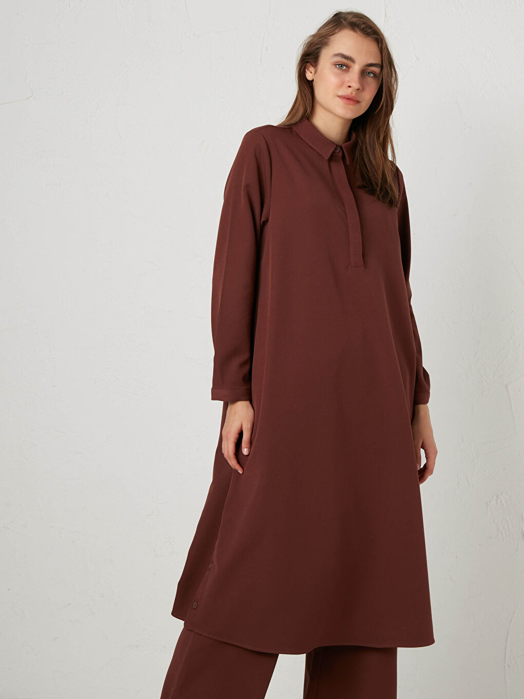 Kahverengi Düz Uzun Kollu Kadın Gömlek Tunik-1