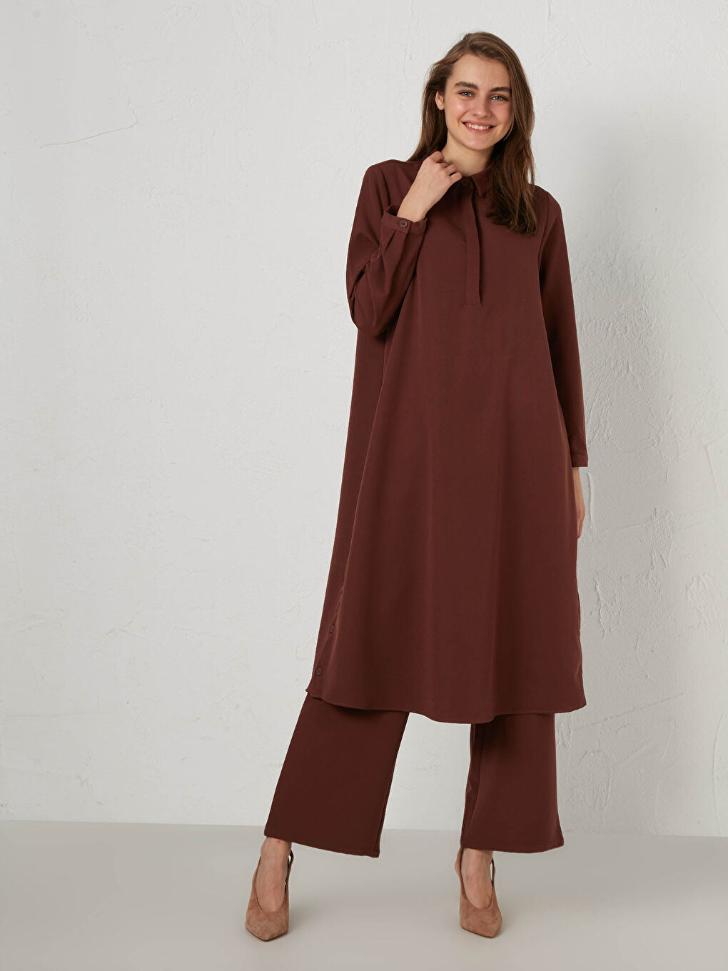 Kahverengi Düz Uzun Kollu Kadın Gömlek Tunik-2