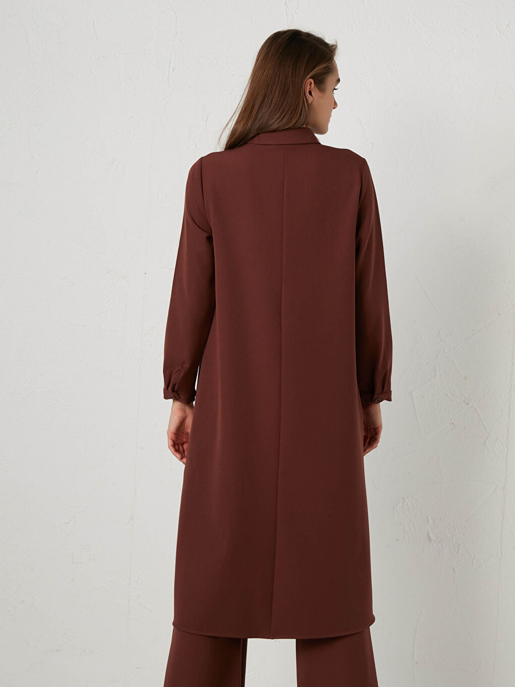 Kahverengi Düz Uzun Kollu Kadın Gömlek Tunik-3