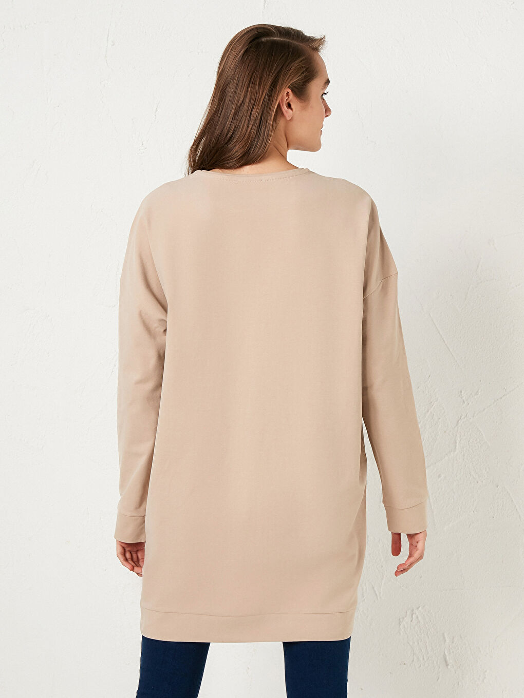 Bej Bisiklet Yaka Düz Uzun Kollu Pamuklu Kadın Tunik-2