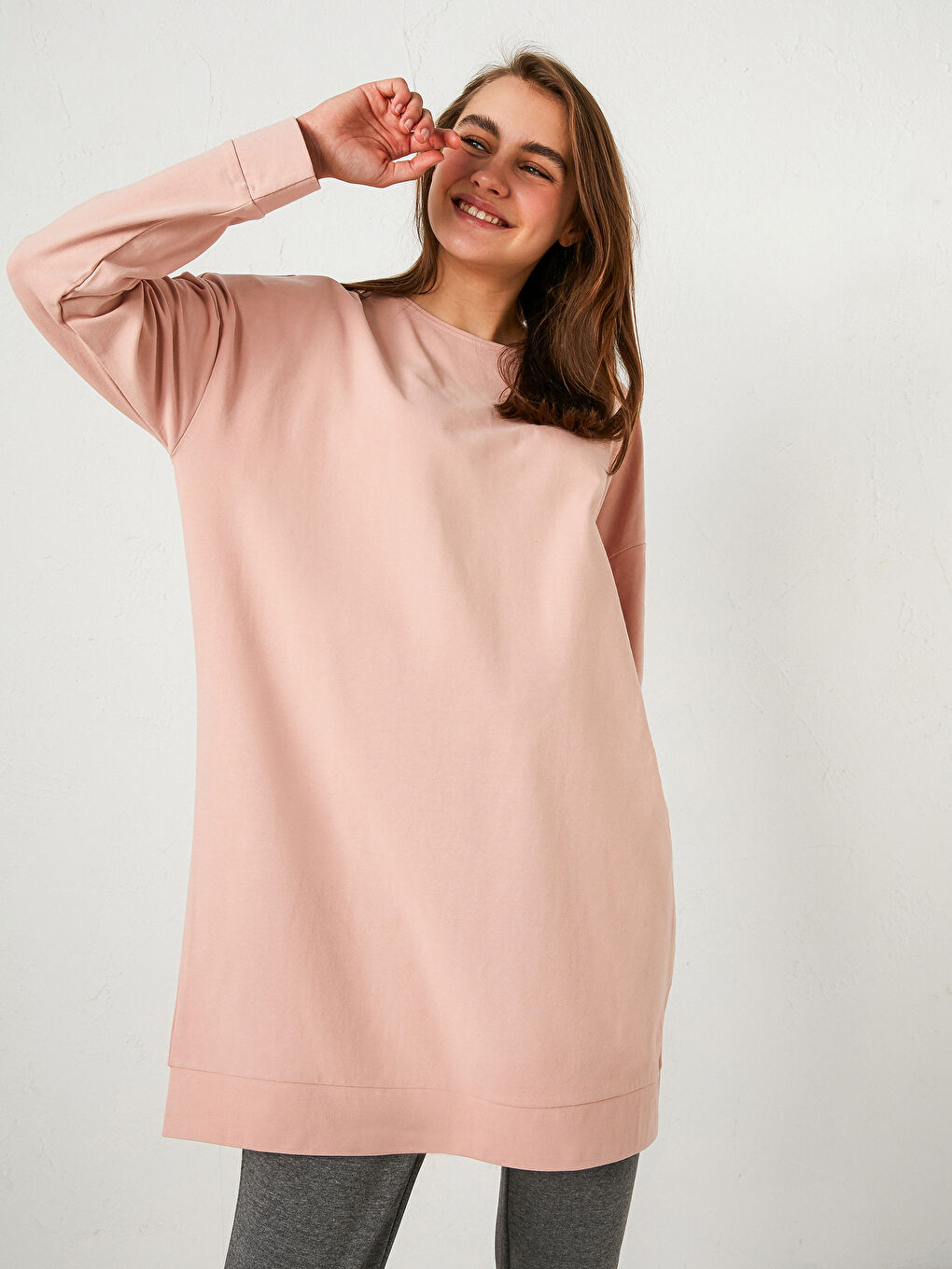 Crew Neck Straight Long Sleeve Cotton Women's Tunic