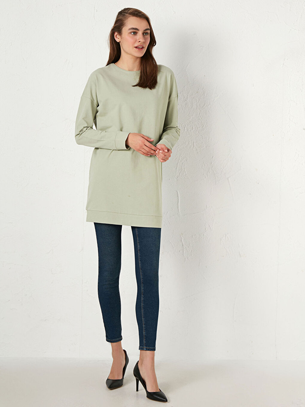 Crew Neck Straight Long Sleeve Cotton Women's Tunic-2