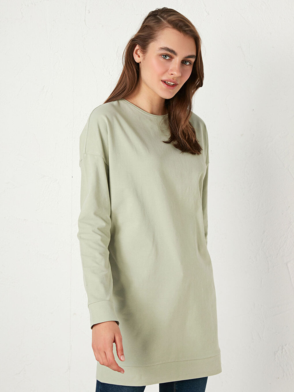 Crew Neck Straight Long Sleeve Cotton Women's Tunic