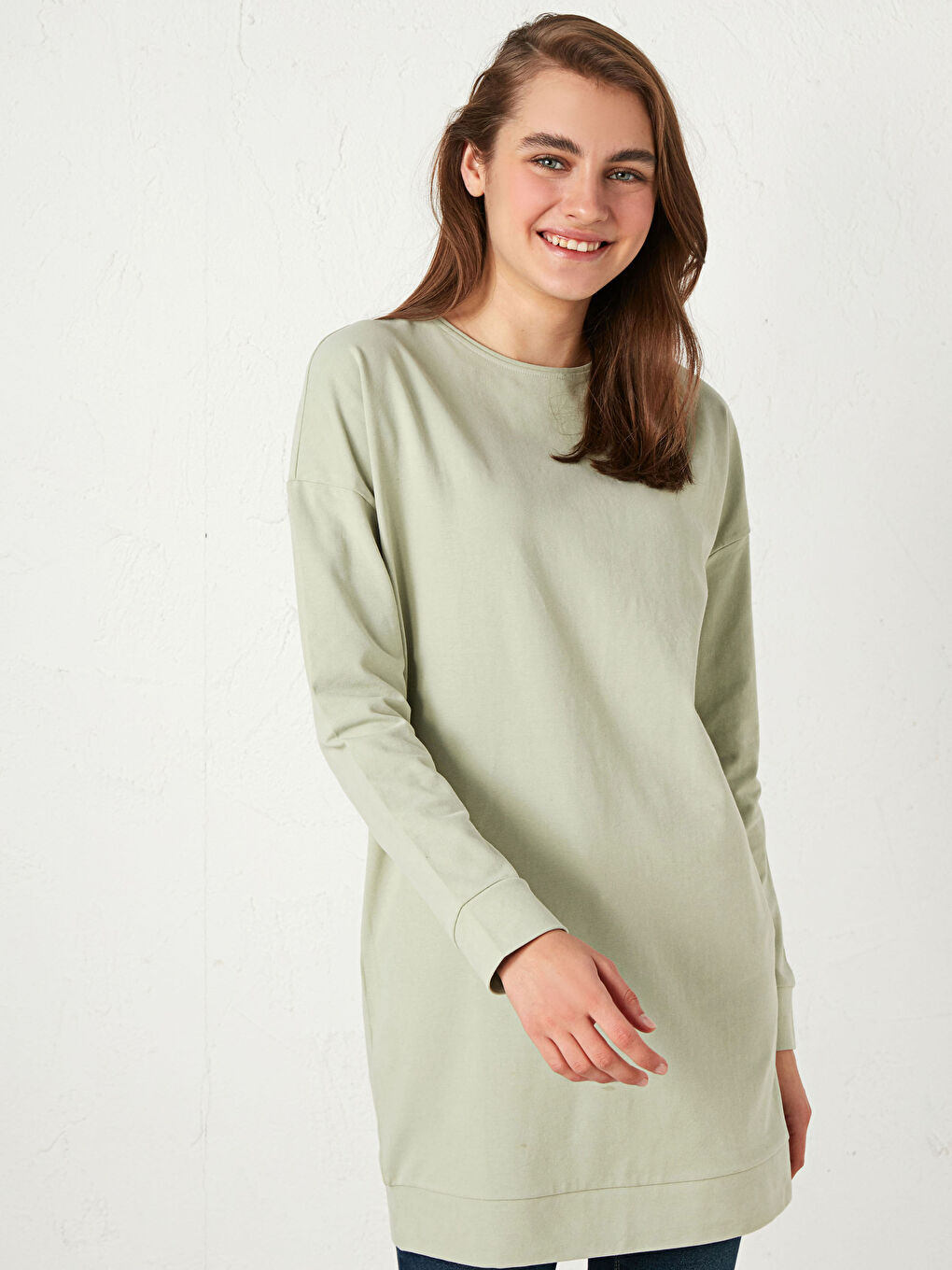 Crew Neck Straight Long Sleeve Cotton Women's Tunic-1