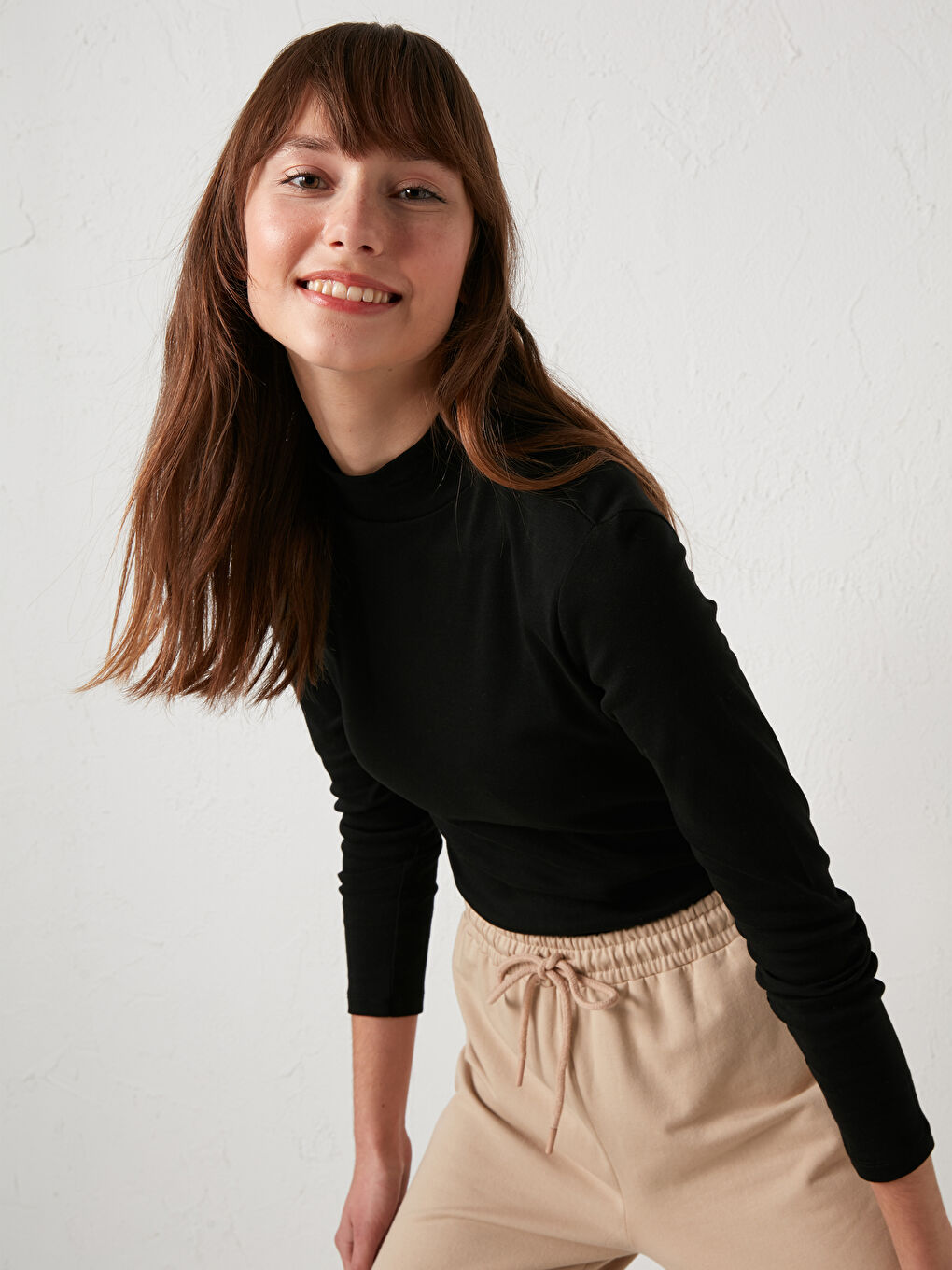 تيشيرت نسائي قطن كم طويل مستقيم بياقة قمعية