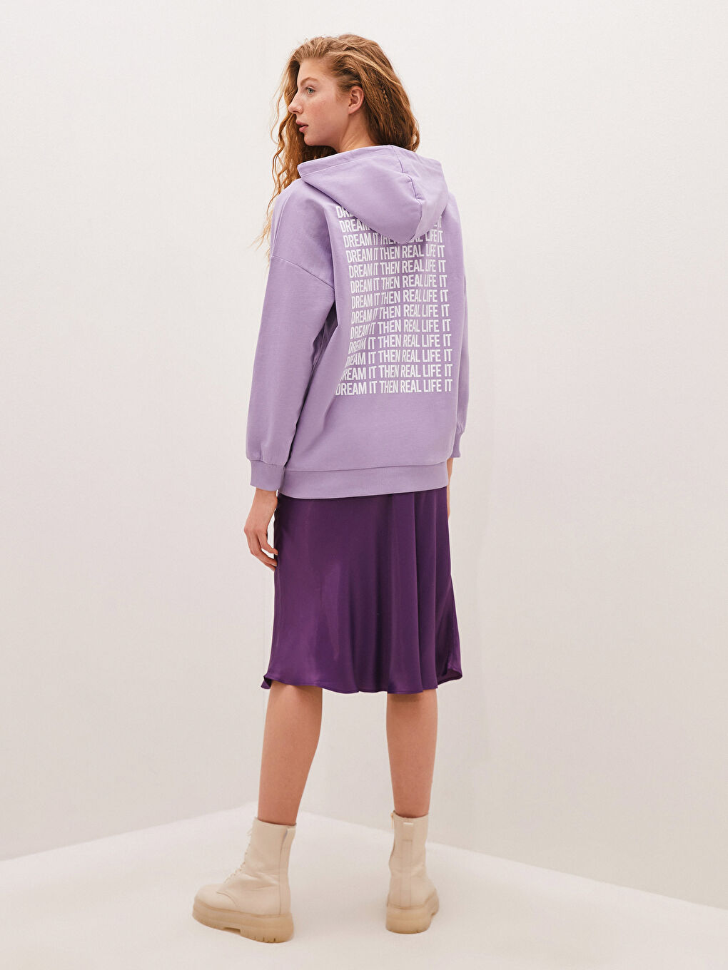 Lila Kapüşonlu Baskılı Sweatshirt