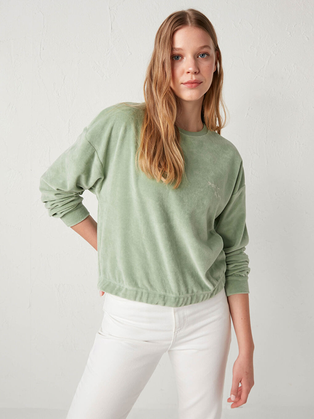 LCW Vision Slogan Printed Velvet Sweatshirt -0WHR65Z8-FKS