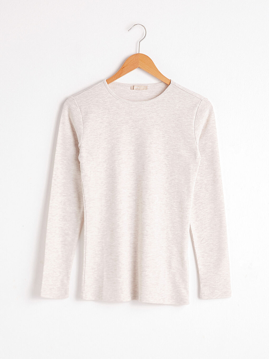 Bej Bisiklet Yaka Basic Uzun Kollu Tişört-4